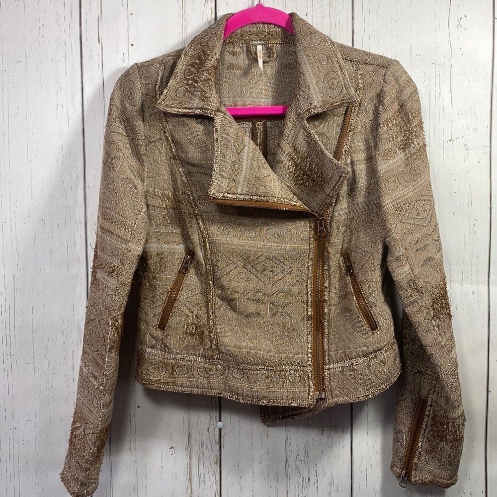 Free People Tapestry Jacquard Moto Jacket Boho Chic Neutral Edgy